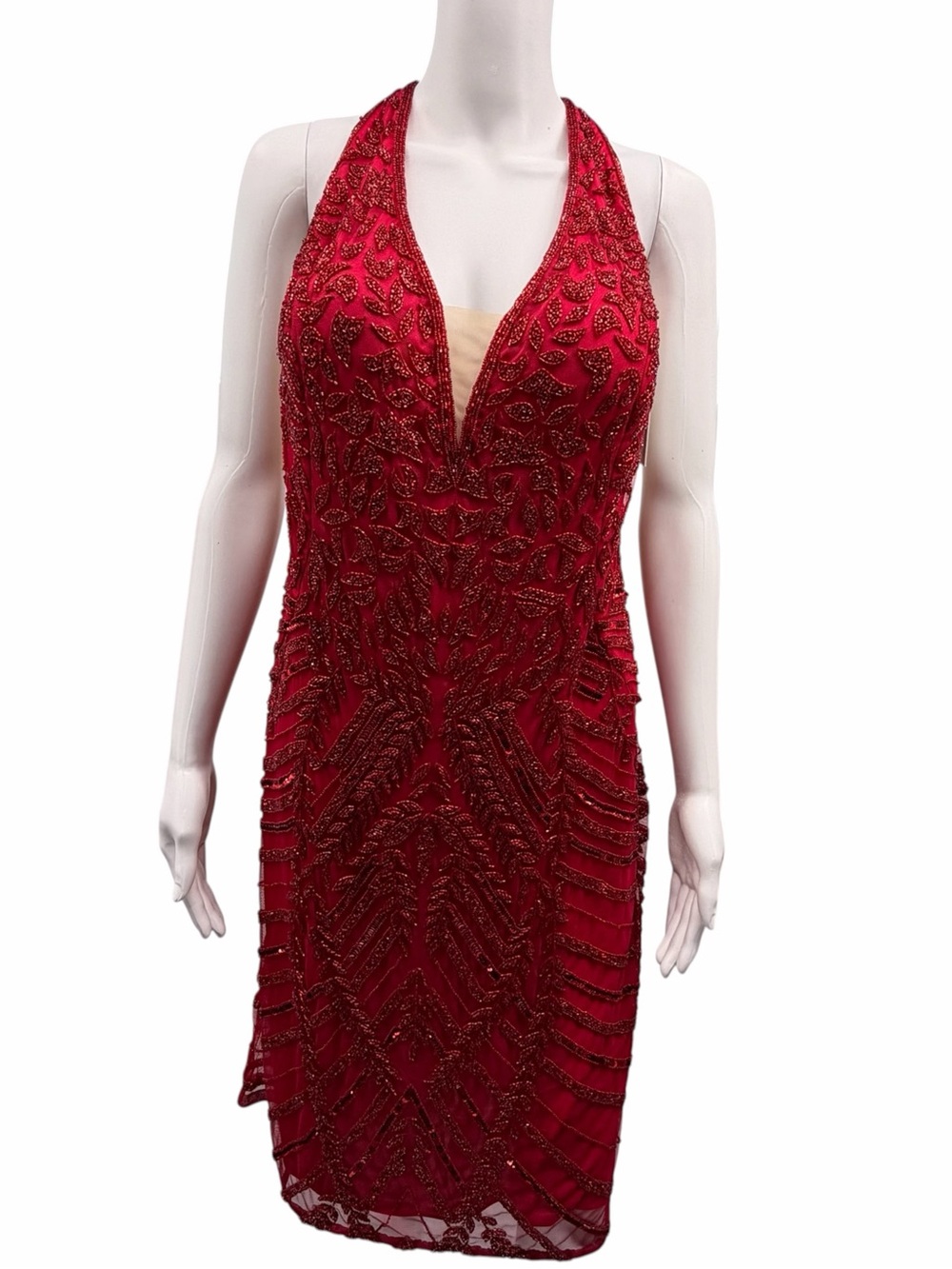 NWT Scala Bella Couture Red Beaded Halter Cocktail Dress Plus Size 22 Homecoming